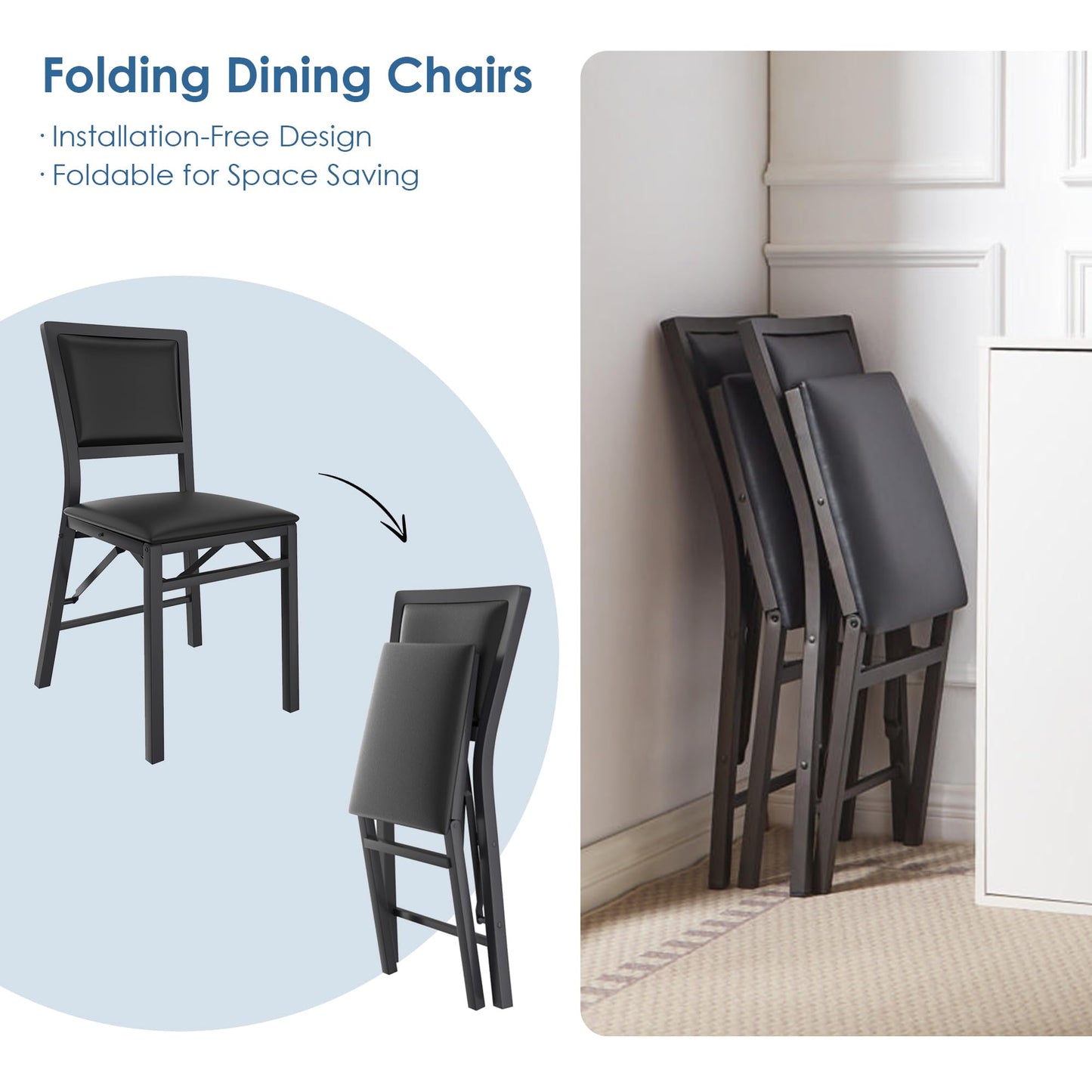 VECELO Folding Chairs Set of 4 with Cushion, Foldable Padded Seats with Heavy Duty Metal Frame for Kitchen/Dining/Living Room, No Assembly & Space Saving Design, Black