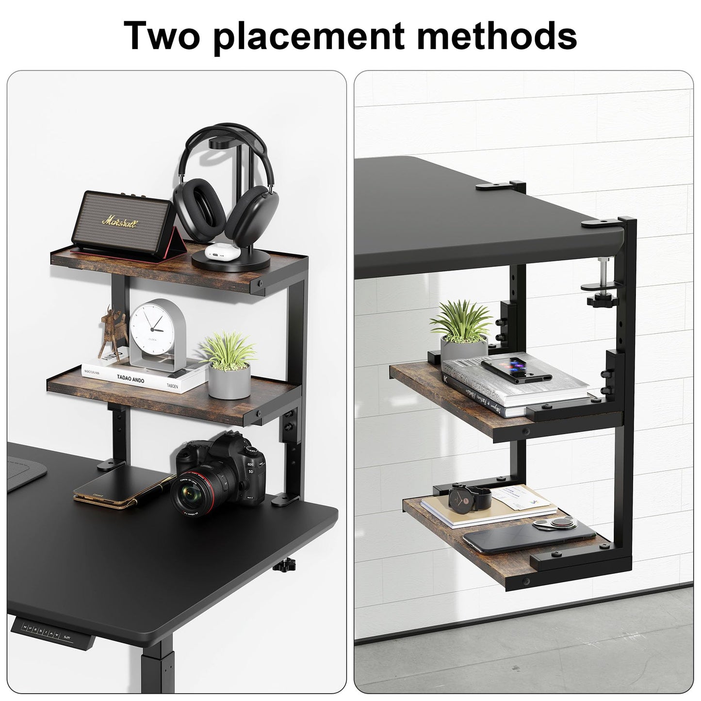 OUTIOE 2-Tier Desk Shelf, Expandable Under Desk Storage, Clamp on Desk Shelf, Desktop Accessories for Offices, Study Rooms, and Game Rooms (Wood)