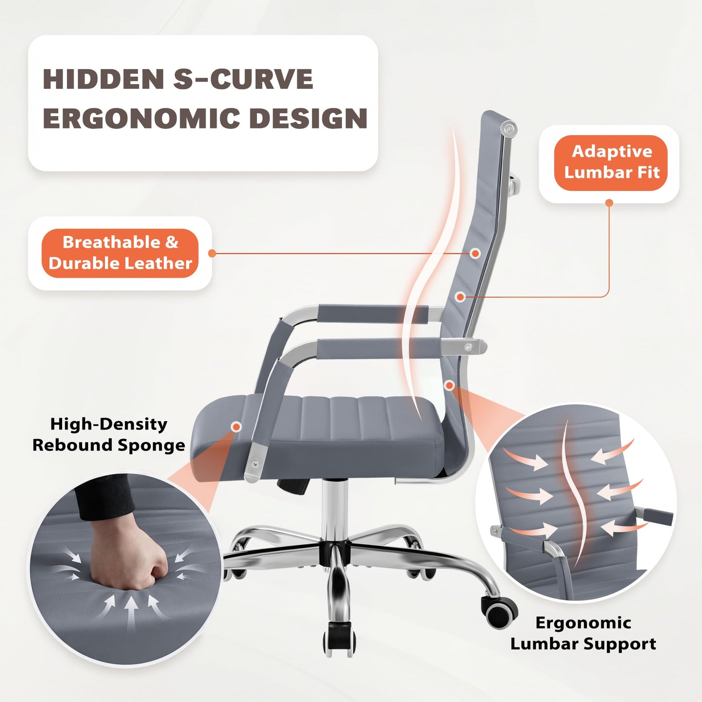 Furmax Ergonomic Office Desk Chair, Executive Ribbed Mid-Back PU Leather Conference Room Chair Adjustable Swivel Chair with Arms (1, Grey)