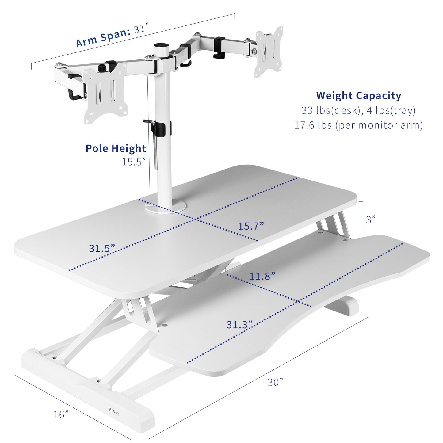 VIVO Height Adjustable 32 inch Standing Desk Converter with Dual 13 to 30 inch Monitor Stand, Sit Stand Monitor Mount and Desk Riser, White, DESK-V000K-M2W