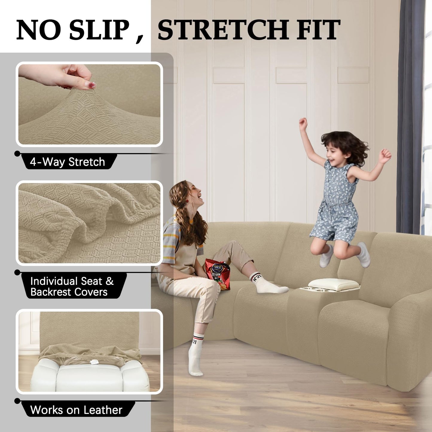 ROFASVCO Reclining Sectional Couch Covers Waterproof L Shape Washable Recliner Sofa Cover for L Shaped Sectional Soft Corner Recliner Slipcovers (5 Seater 1 Console Cover, Brownish Yellow)
