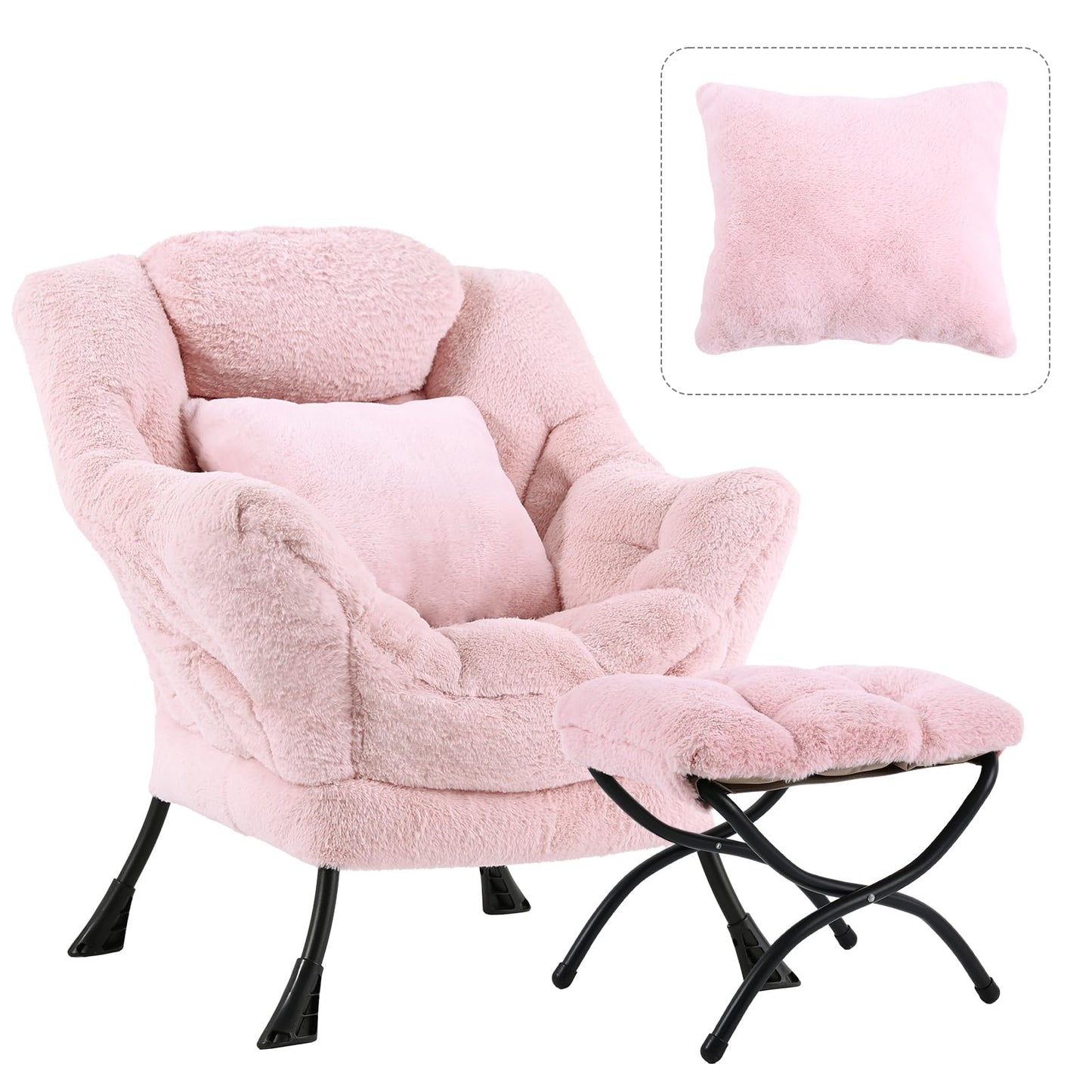 HomEastlly Lazy Chair with Ottoman, Large Pink Accent Chair with Ottoman and FA Throw Pillow, Comfy Plush Reading Chair for Living Room Bedroom Dorm Room Office Apartment Relaxing Use