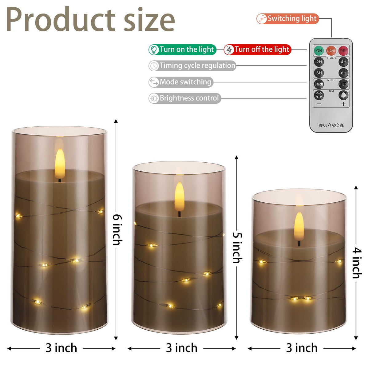 Flickering Flameless Candles with Timer - Durable Acrylic Glass Shell, with Embedded Star String, Battery Operated Candles with Remote for Romantic Ambiance and Home Decoration (Set of 3, Grey)