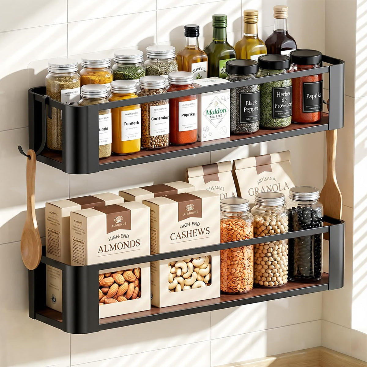 Yvrlo Wall Mounted Spice Rack, Black, 2 Pack