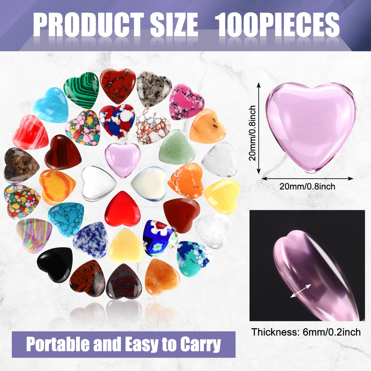 100PCS Worry Stones Heart Shape Healing Crystals, Anxiety Crystal Bulk 0.8 Inch Gem Stones Rocks Crystals Natural Cute Pocket Meditation Heart Beads Wholesale Set Gifts