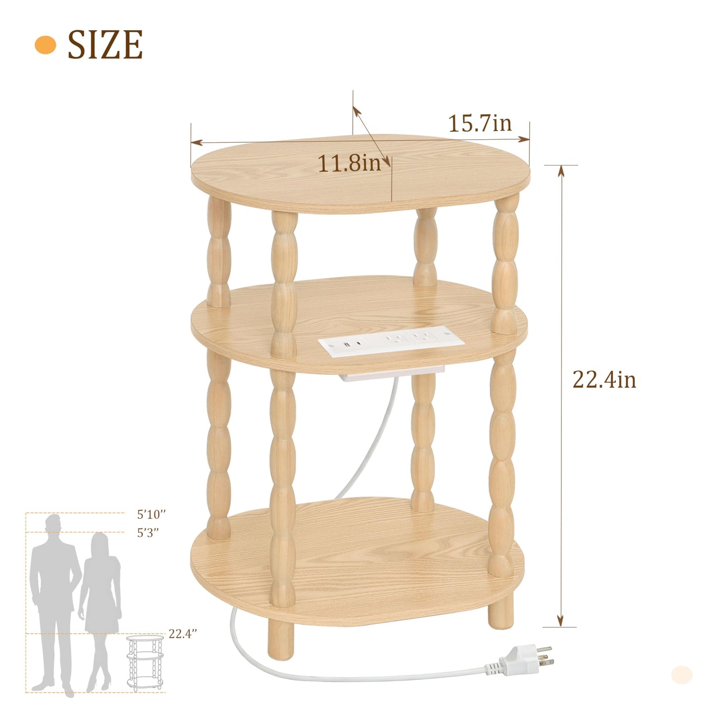 MaxSmeo End Table with Charging Station, Small Oval Side Table for Small Spaces, Modern Accent Table Night Stand with Charging Station for Living Room, Bedroom, Natural