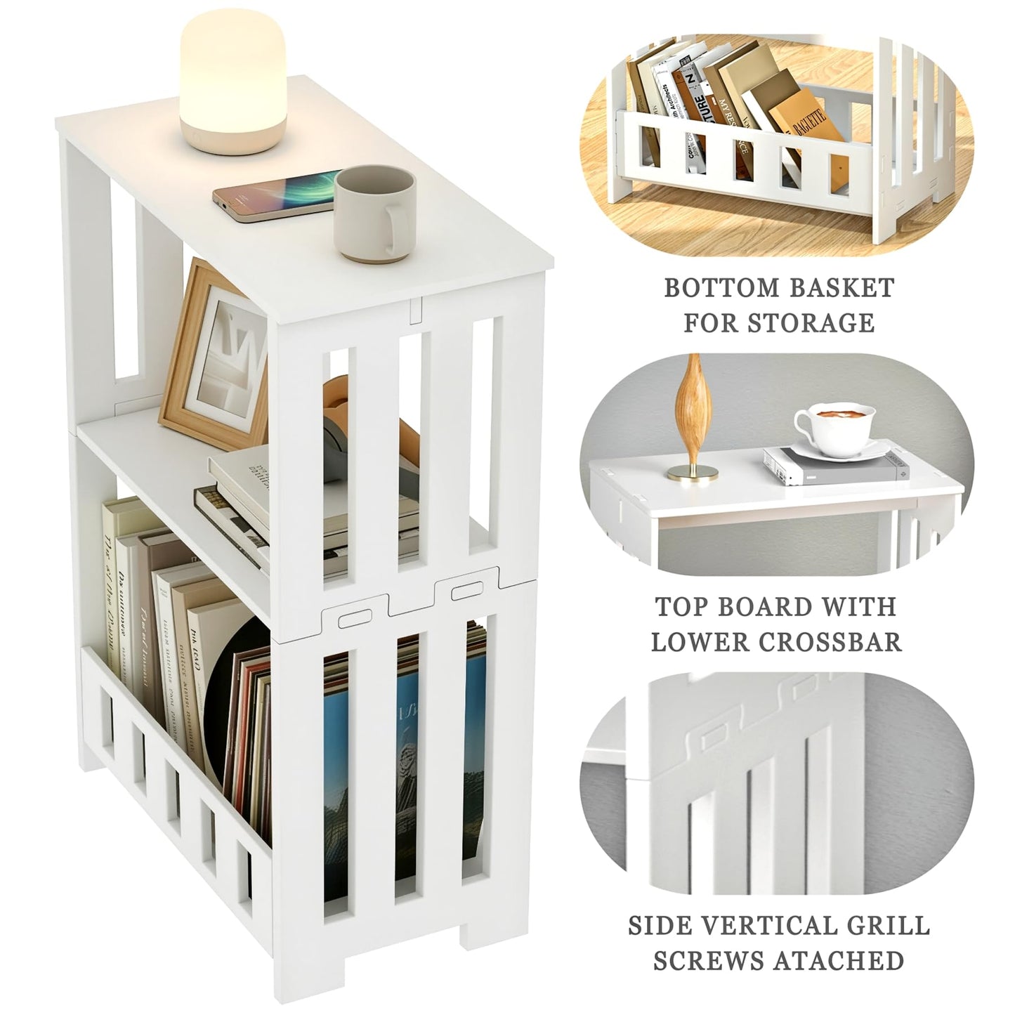 HAYOFAMY 3 Tier Side Table Night Stand, Narrow End Table with Display Shelf, Small Bookcase Bookshelf, Simple Bedside Table Storage Rack for Bedroom, Living Room, Office, Bathroom, White