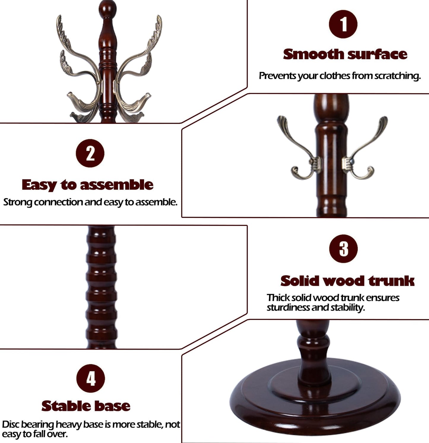 Sauqzoh Coat Racks Free Standing with 14 Hooks, Natural Wood Coat Stands for Entryway, Adjustable Height 73 in Tree Coat Rack Stand for Hallway Home Office Bedroom (Mahogany metal)