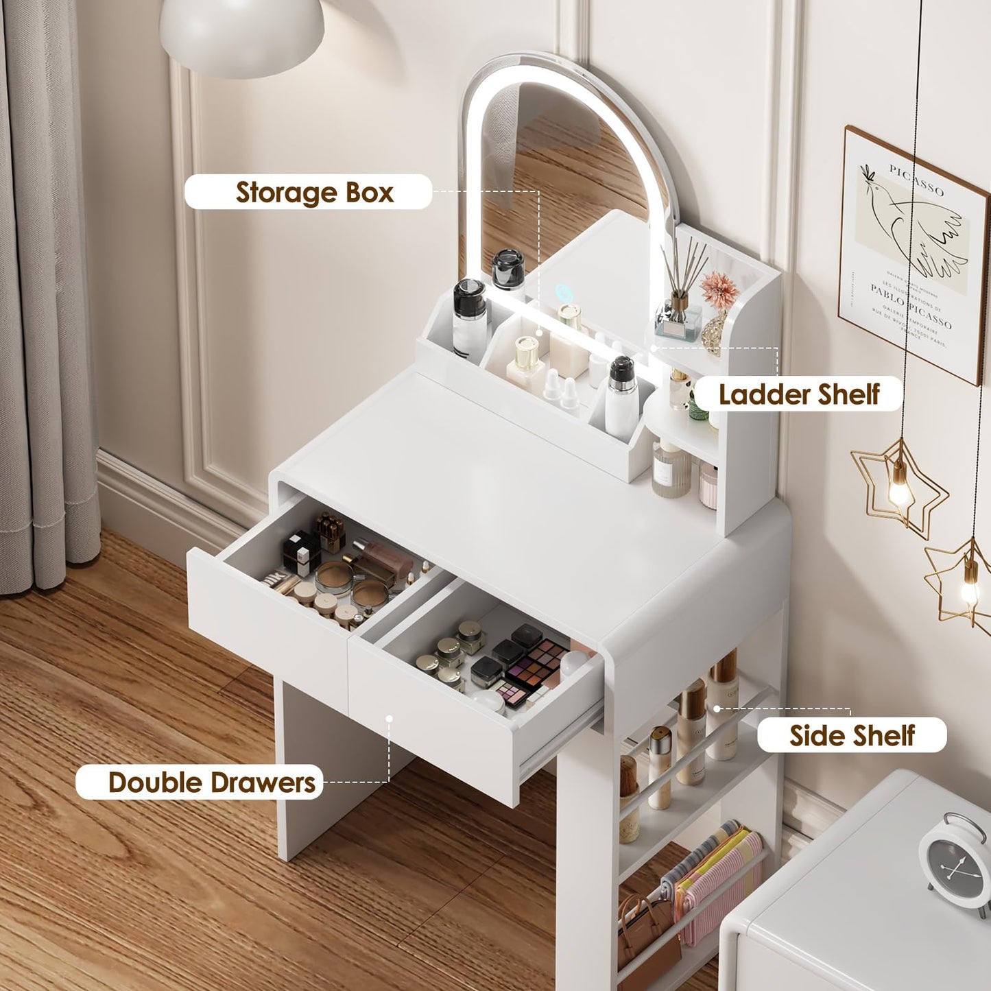 JanflyHome Vanity, Small Vanity Desk with Mirror and Lights, Side Shelf Storage Space, Compact Girls Dressing Table in Bedroom, Modern Round Curved Design, White