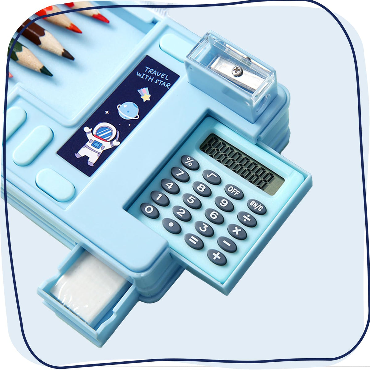 LilyBeauty Multifunction Pencil Case with Calculator, Pencil Sharpener and Curriculum, Multiple Cute Patterns, Suitable for Elementary School Girls, Boys, Great Gifts for Kids (Light Blue)