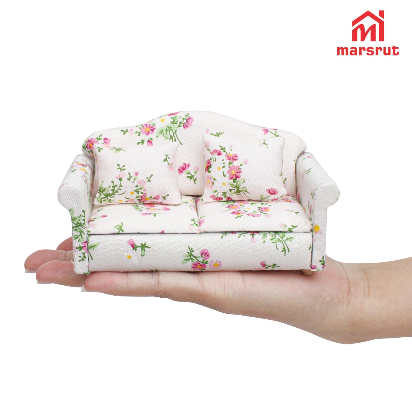1:12 Scale Dollhouse Couch Sofa Set with Pillows for Living Room, Mini Wooden Upholstered Armchair Furniture Model, Modern High Simulation Fabric Artificial Scene Decoration Accessories, Pink Floral