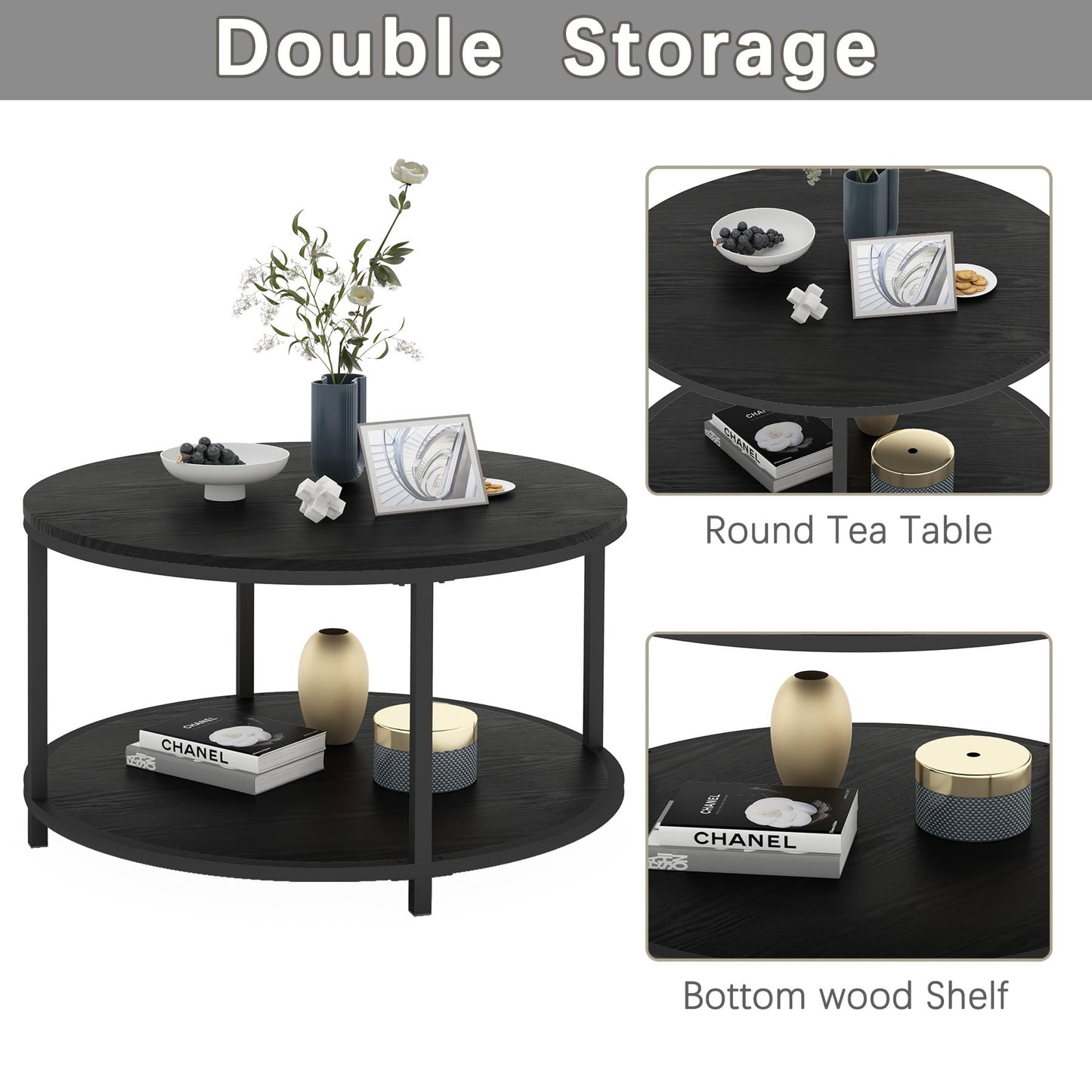 NSdirect Round Coffee Table, 27.6" Small Coffee Table for Living Room,2-Tier Rustic Wood Desktop with Storage Shelf Modern Design Home Furniture(Black)