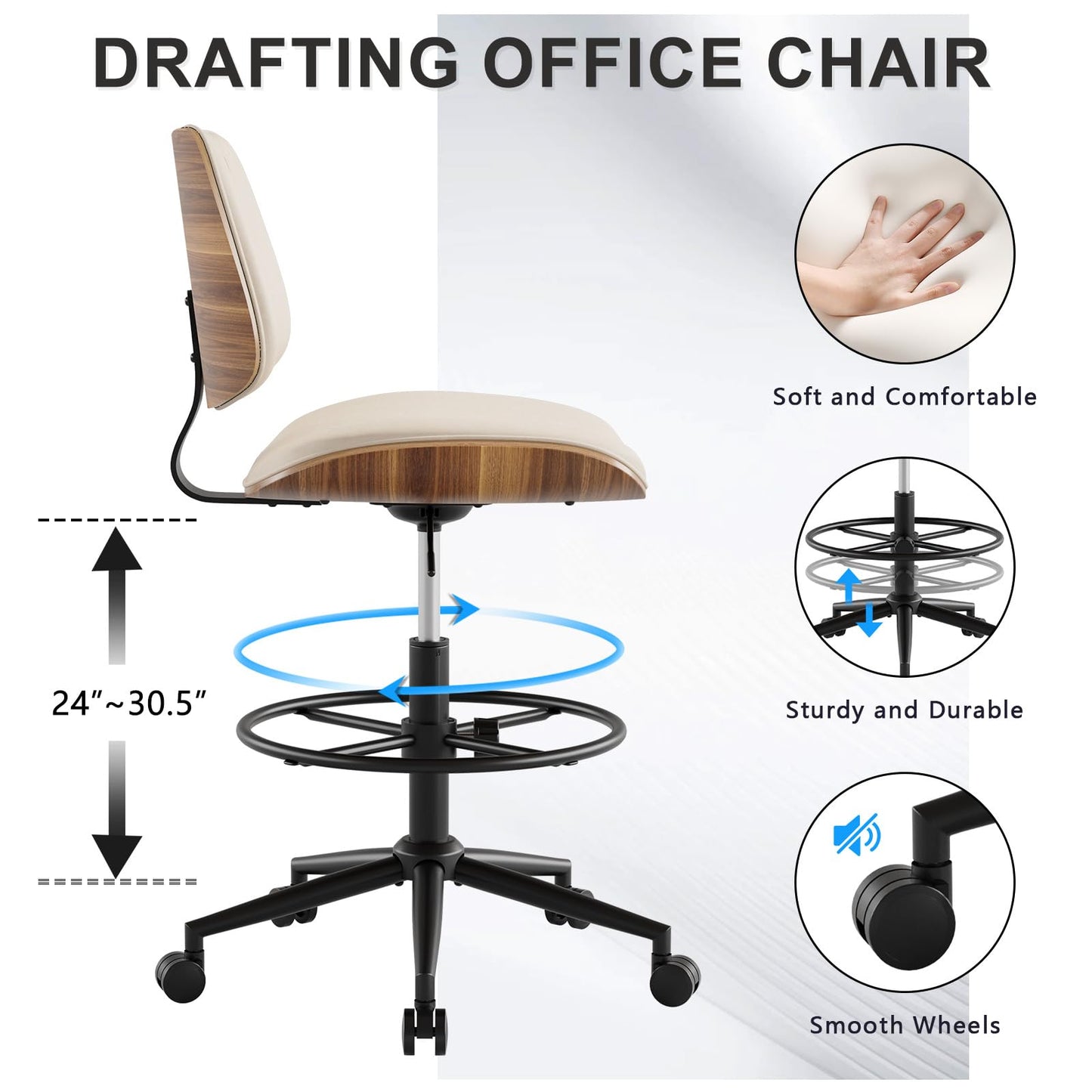 BERYTH Drafting Chair with Adjustable Footrest, Armless Modern Tall Office Chair for Standing Desk, PU Leather Swivel Stool in Curved Bentwood Style, Ergonomic Rolling Walnut Chair for Office(Beige)