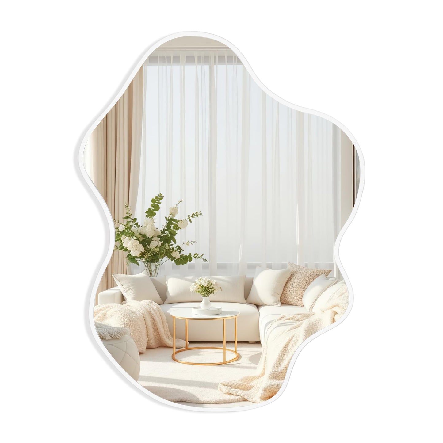 Tanmicoshomy White Irregular Wall Mirror 22x30 Inch, White Framed Cloud Shaped Asymmetrical Wavy Mirror with Tempered Glass for Bathroom Bedroom Cloakroom or Entryway