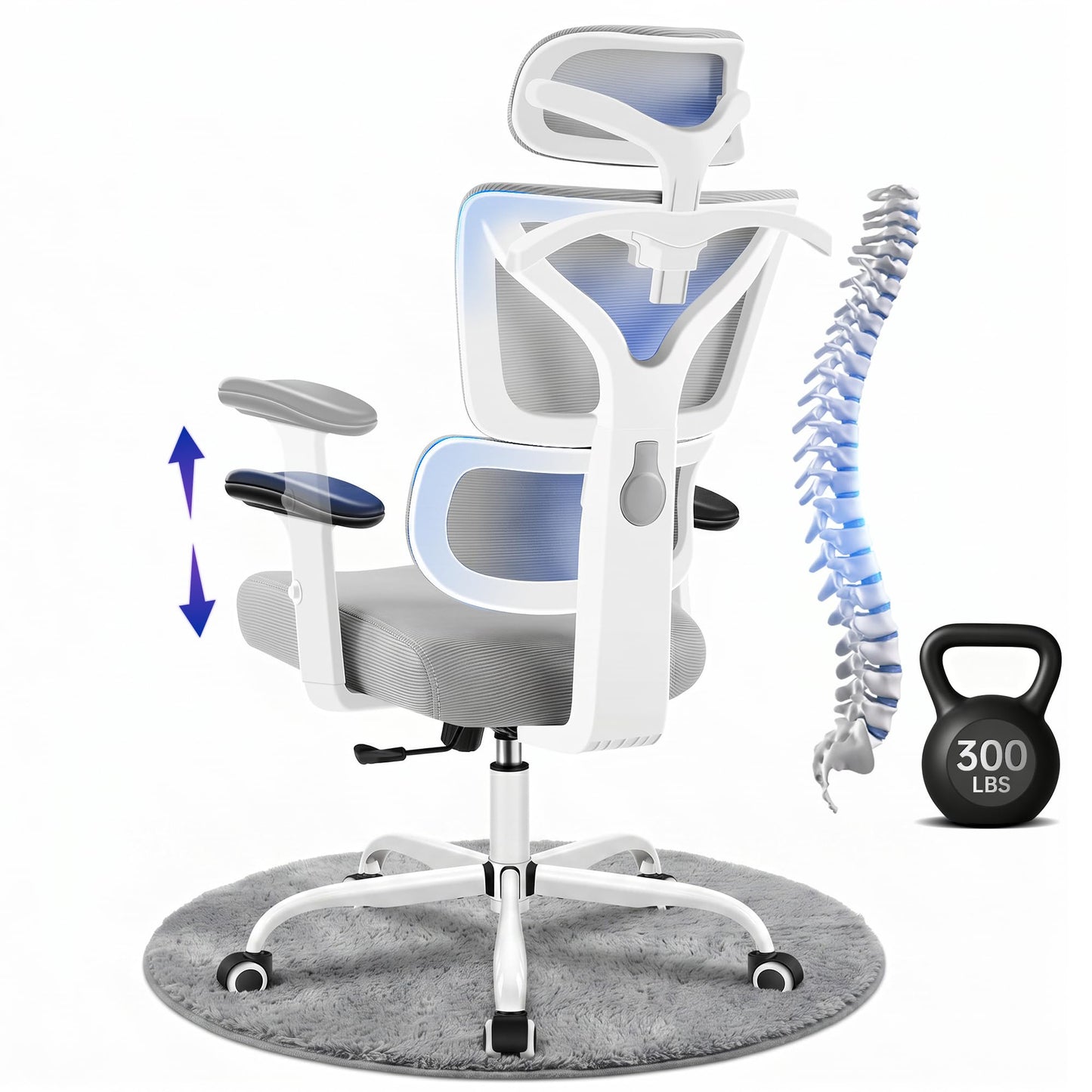 Hayelf Ergonomic Office Chair, High Back Mesh Computer Chair with Comfortable Adaptive Lumbar Support, Built-in Coat Hanger, SGS Class 4 Gas Lift, Heavy Duty 300lbs for Long Hours Home Office