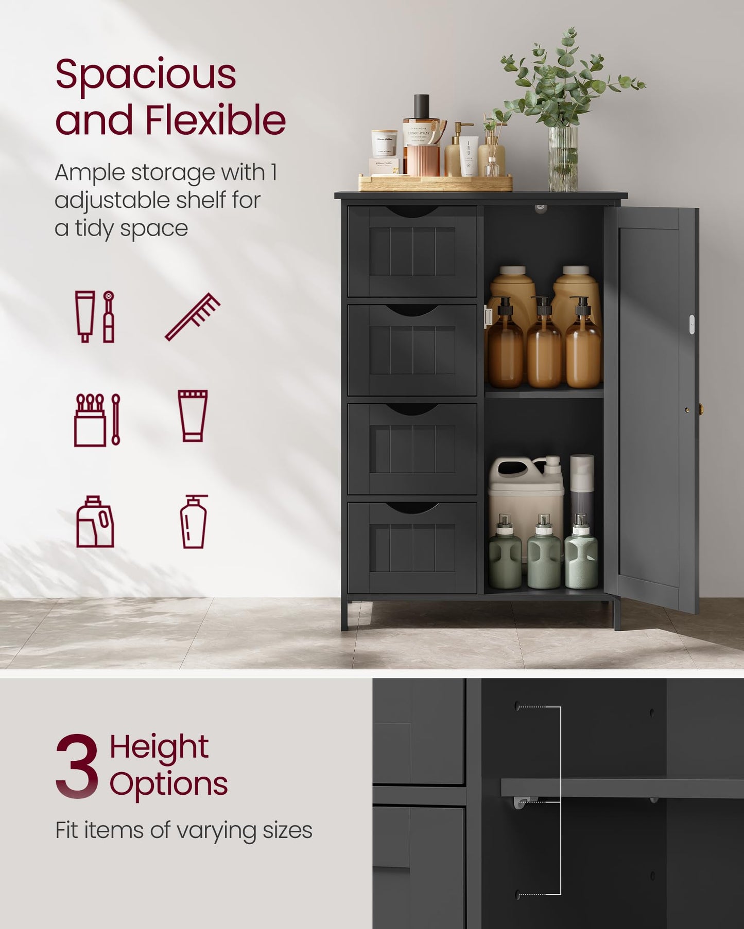 VASAGLE Storage Cabinet with Drawers, Freestanding Floor Cabinet with Door, 11.8 x 21.7 x 32.3 Inches, Adjustable Shelf, for Bathroom, Living Room, Kitchen, Ink Black ULHC041BH01S