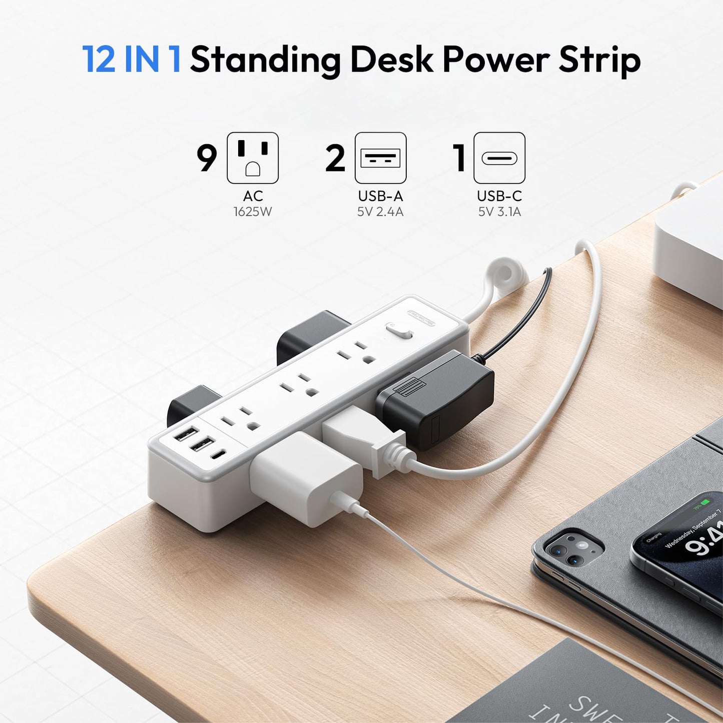 12 in 1 Standing Desk Power Strip, NTONPOWER 10ft Extension Cord with 9 AC Outlets 3 USB Ports, Table Mount or Wall Mountable Charging Station,Standing Desk Accessories