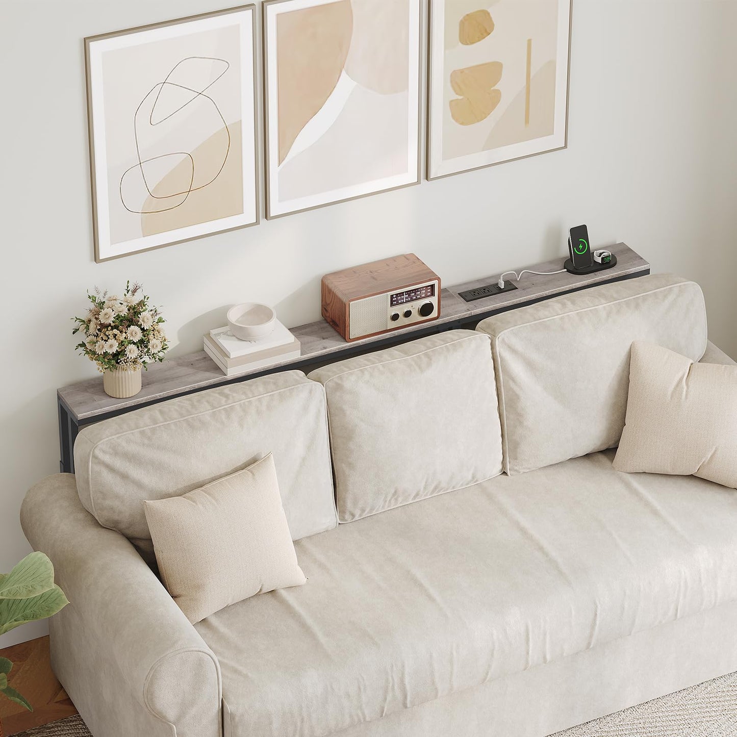 YATINEY 70.9" Narrow Console Table with Adjustable Height (27.6"-35.4"), L Shaped Sofa Table Narrow Long, Skinny Behind Couch Table with USB-C Ports, 5.9" Wide Sofa Side Table, Greige CT28UBG