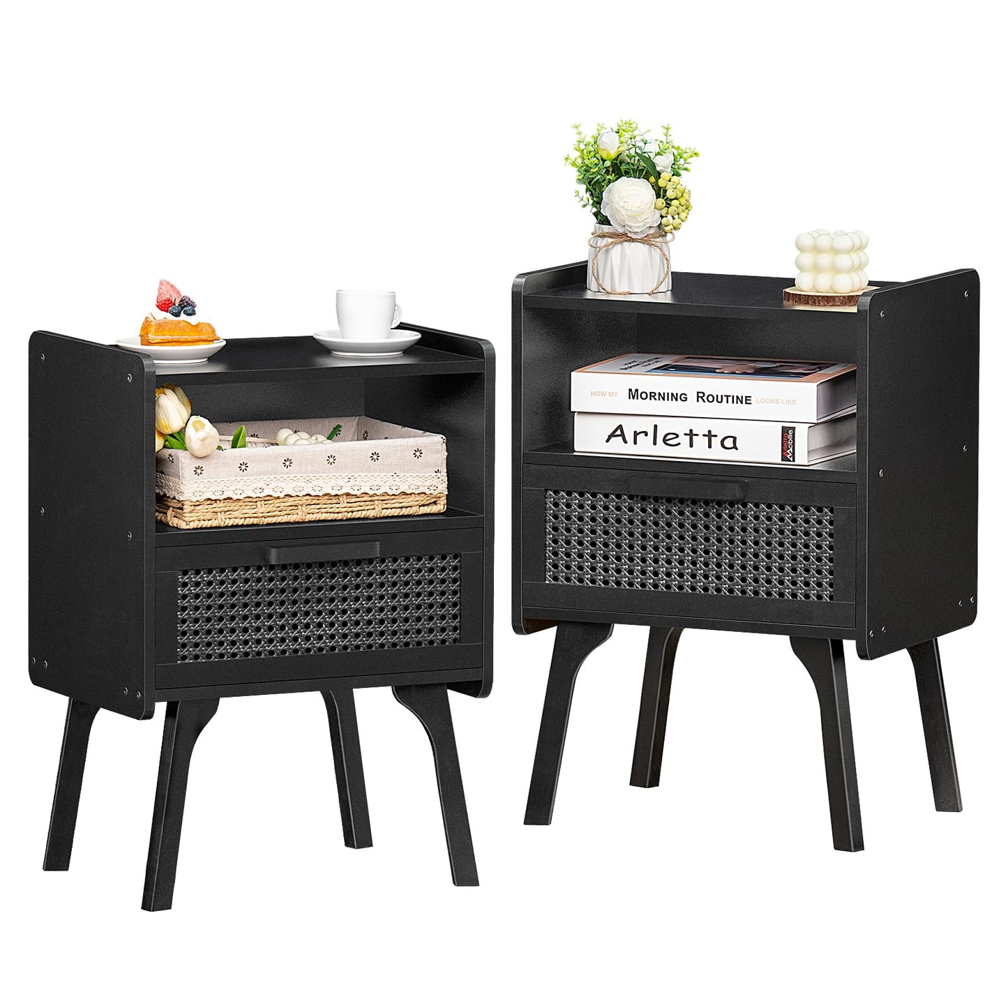 Lerliuo Rattan Nightstands Set of 2, Boho Side Table with Drawer Open Shelf, Cane Accent Bedside End Table with Solid Wood Legs for Bedroom, Dorm and Small Spaces (Black)