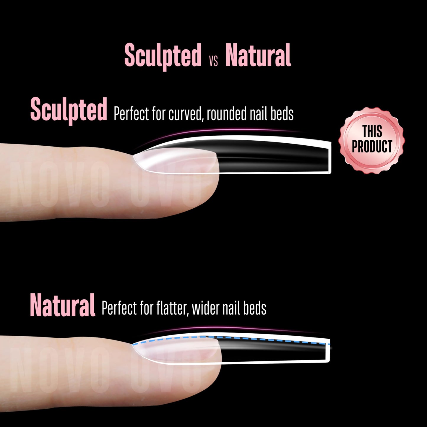 NOVO OVO Long Square Nail Tips SCULPTED (Not NATURAL) for Curved Nail Beds, Extra Thick L Length False Nails Press on, Full Cover Soft Gel Fake Nail Extension, Salon DIY x 15 Sizes 450 pcs