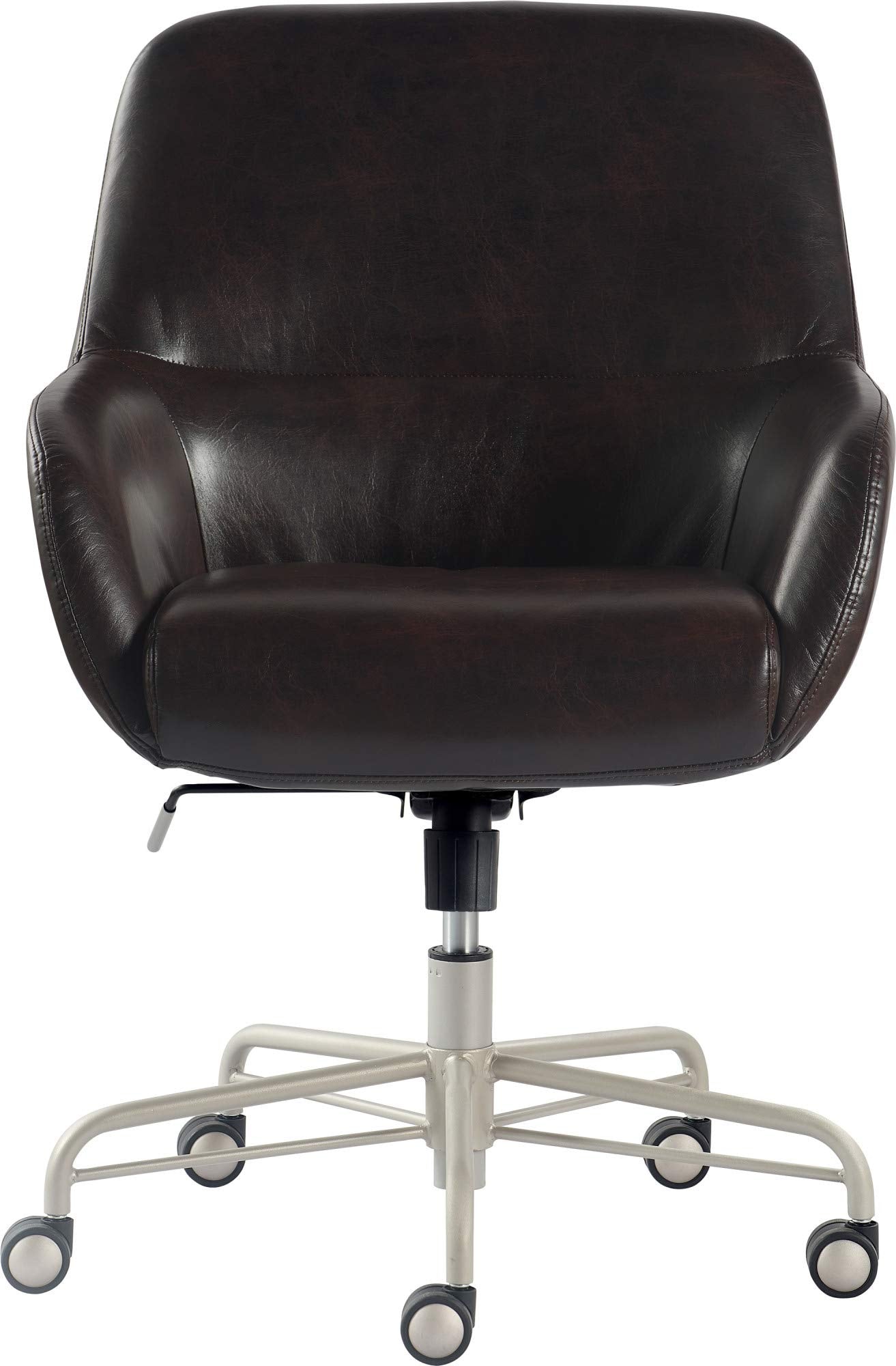 Tommy Hilfiger Forester Luxury Bonded Leather Home Office Chair, Modern Round Swivel Accent Seating with Arms, Adjustable Height and Recline, Dark Brown