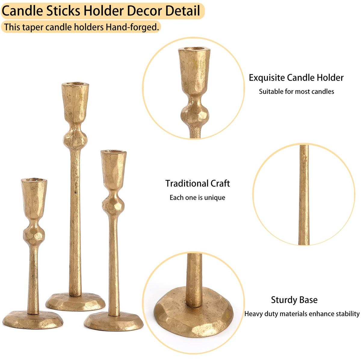 Wenbery Gold Taper Candle Holders Set of 3, Heavy Candlestick Holders Decorative Candle Stand for Table Centerpiece, Cast Iron Candle Stick Holder Decor