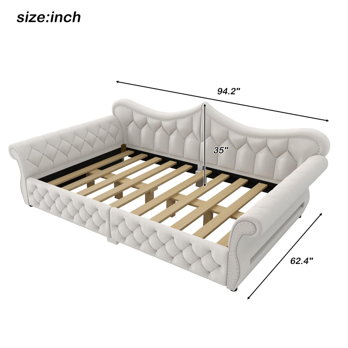 Merax Queen Size Upholstered Daybed with LED Lights & Nail Head Decoration,Convertible Sofa Bed with Tufted Diamond Upholstery,Rolled Armrests,No Box Spring Needed for Living Room,Beige