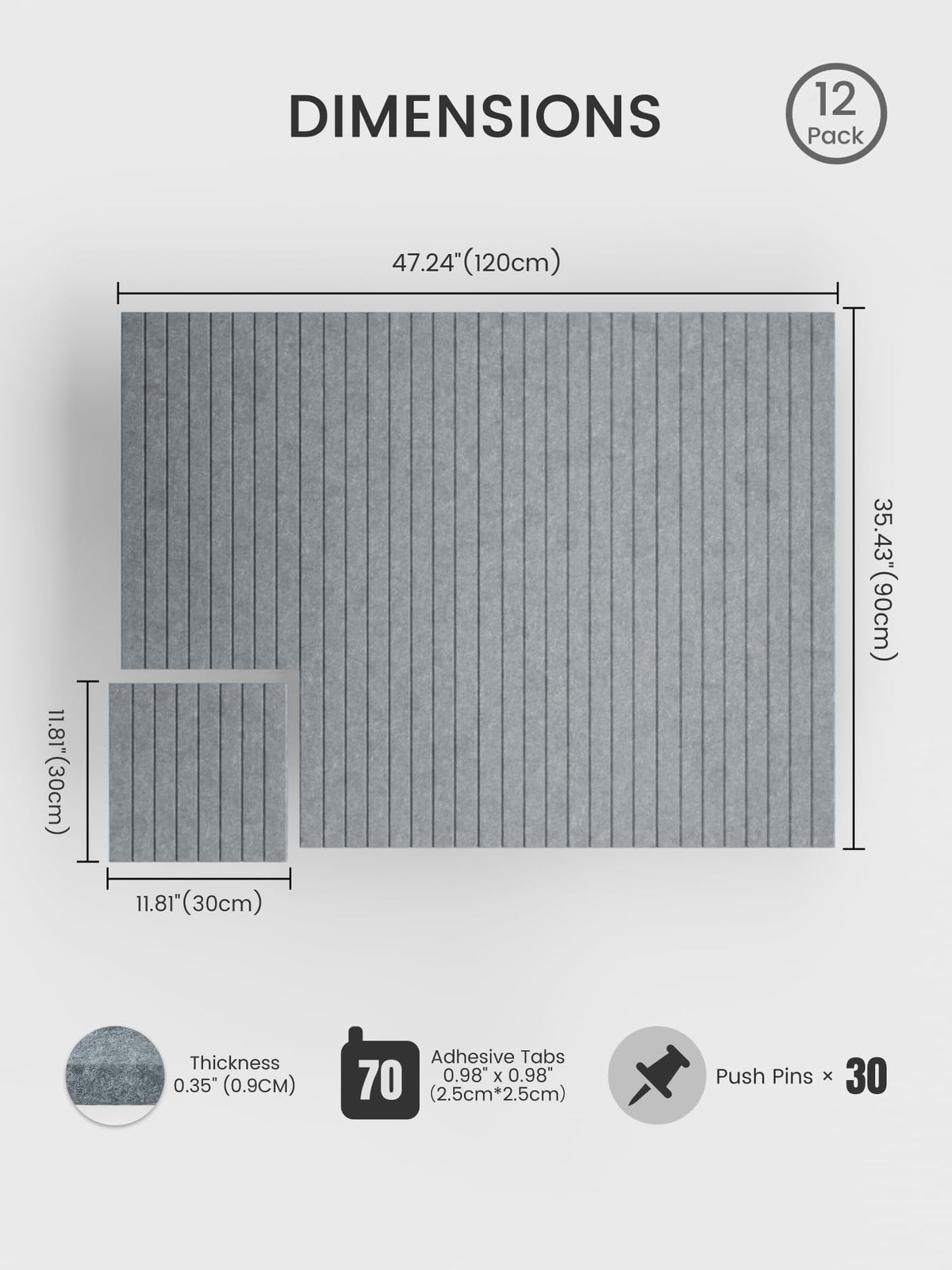 Bumusty Large Cork Board Alternative-48 x 36" Felt Bulletin Board Tiles, with 30 Pushpins, 70 Adhesive Tabs, Fine-Stripe 12-Pack, Cork Boards for Office Push Pin Board Felt Board-Blue Gray