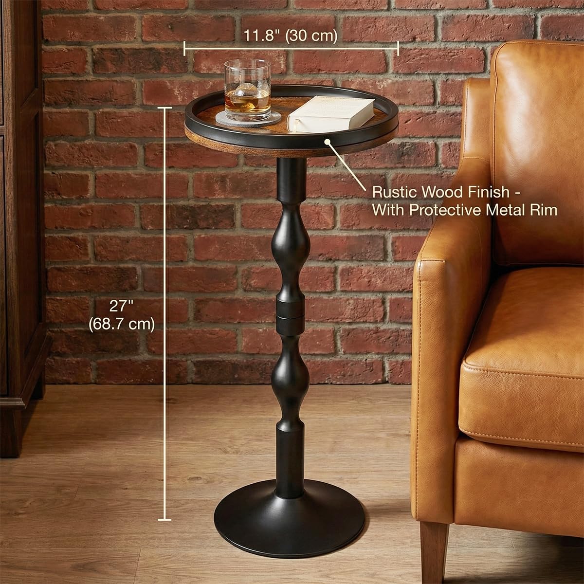 ZEXVIDA Small Round Side Table,Drink Table with Weighted Base,Industrial Metal & Wood Pedestal End Table with Tray Top, Martini Table for Small Spaces, Living Room,Bedroom,27" H