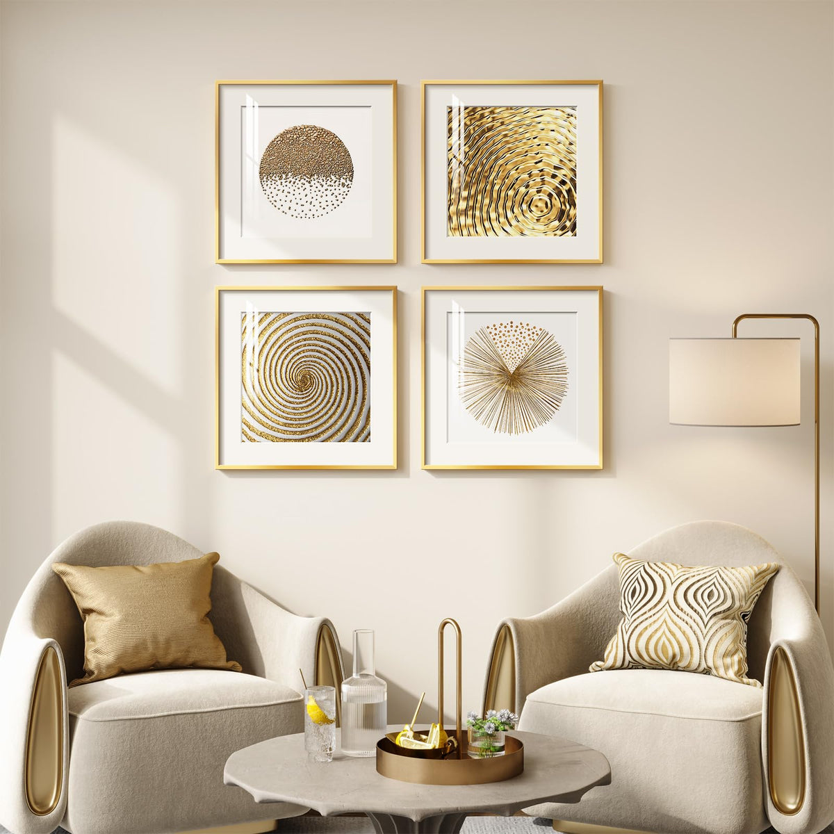 4 Pcs Framed Modern Gold and White Wall Art, Luxury Minimalist Canvas Pictures Prints, Geometric Painting Artwork Home Decoration for Hallway, Bathroom, Dining Room and Living Room