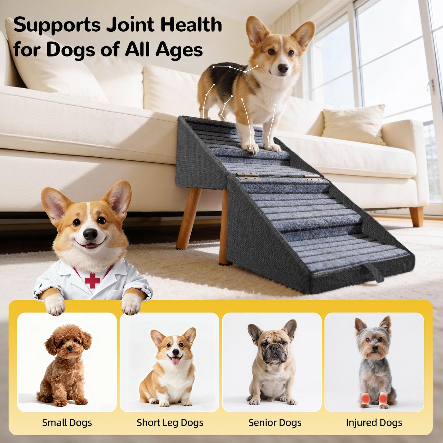 Dog Stairs for Small Dogs 17" H 2-in-1 Foldable