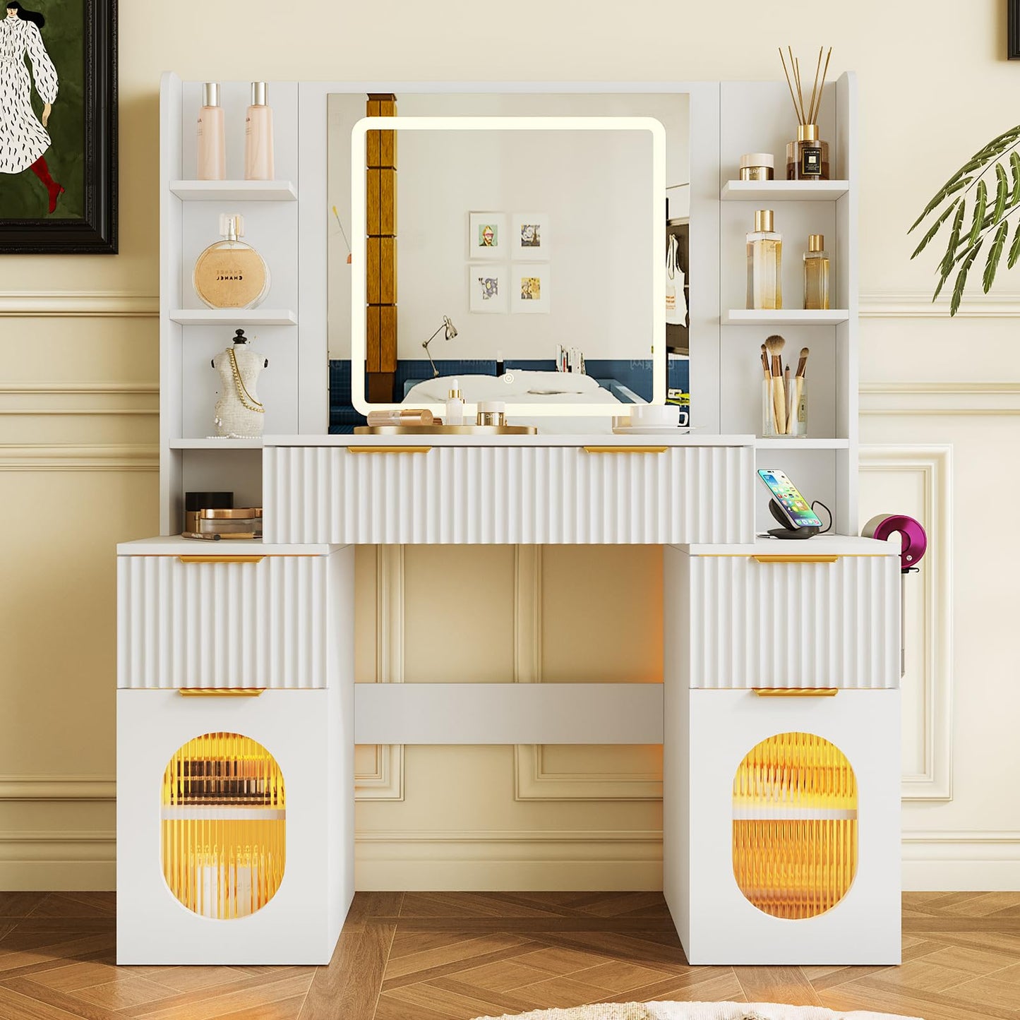 Mojztezy White Vanity, 3 LED Light Modes, 6 Shelves, 3 Drawers, 2 Adjustable Shelves Cabinets, with Mirror & Power Outlets Hair Tool Holder, Dormitory Apartment Bedroom Dressing Table