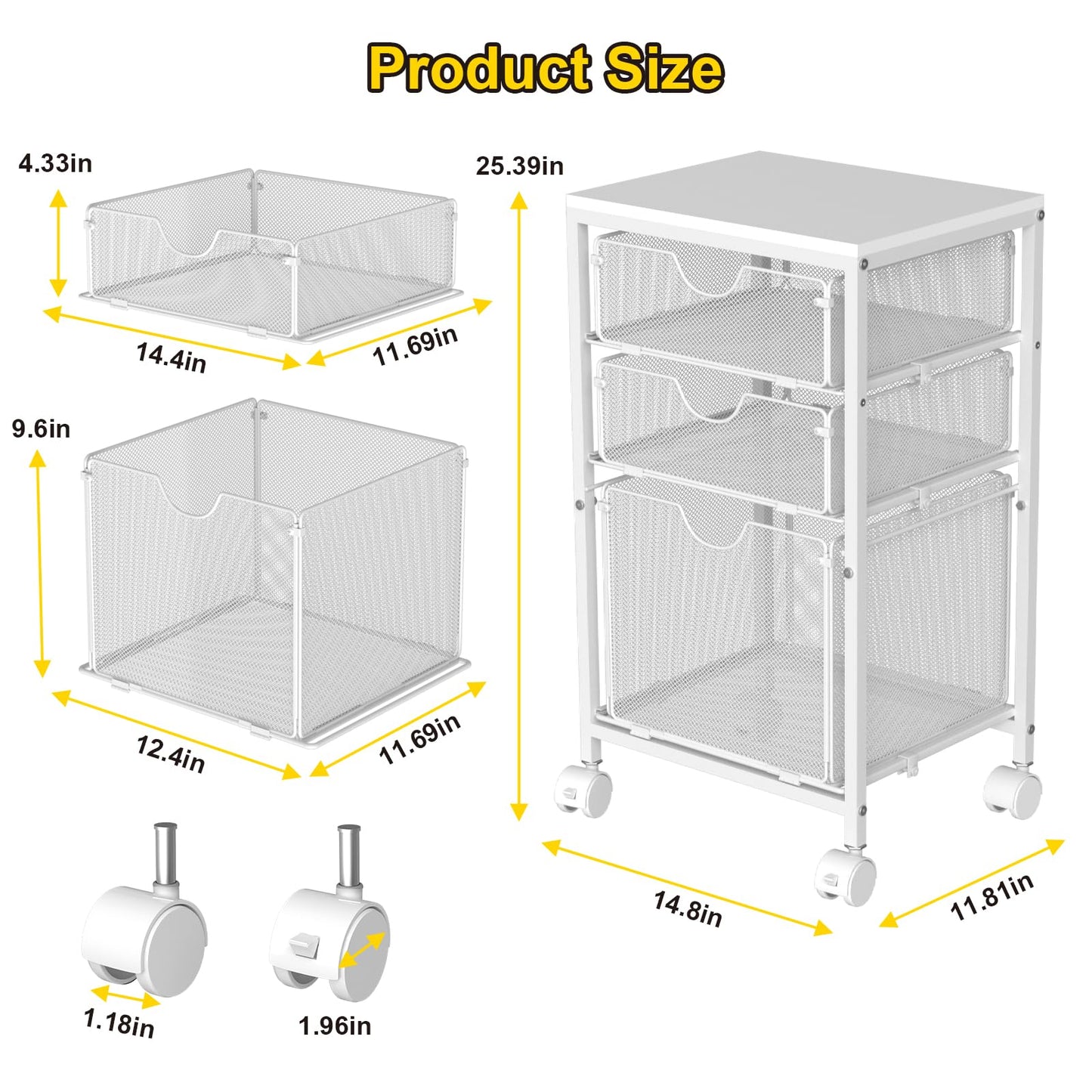 BOHDK Rolling File Cart with 3 Storage Drawers, Wood & Mesh Hanging File Folder Organizer with Wheels Under Desk, File Cabinets for Home Office, 11.81" D x 14.8" W x 25.39" H, White