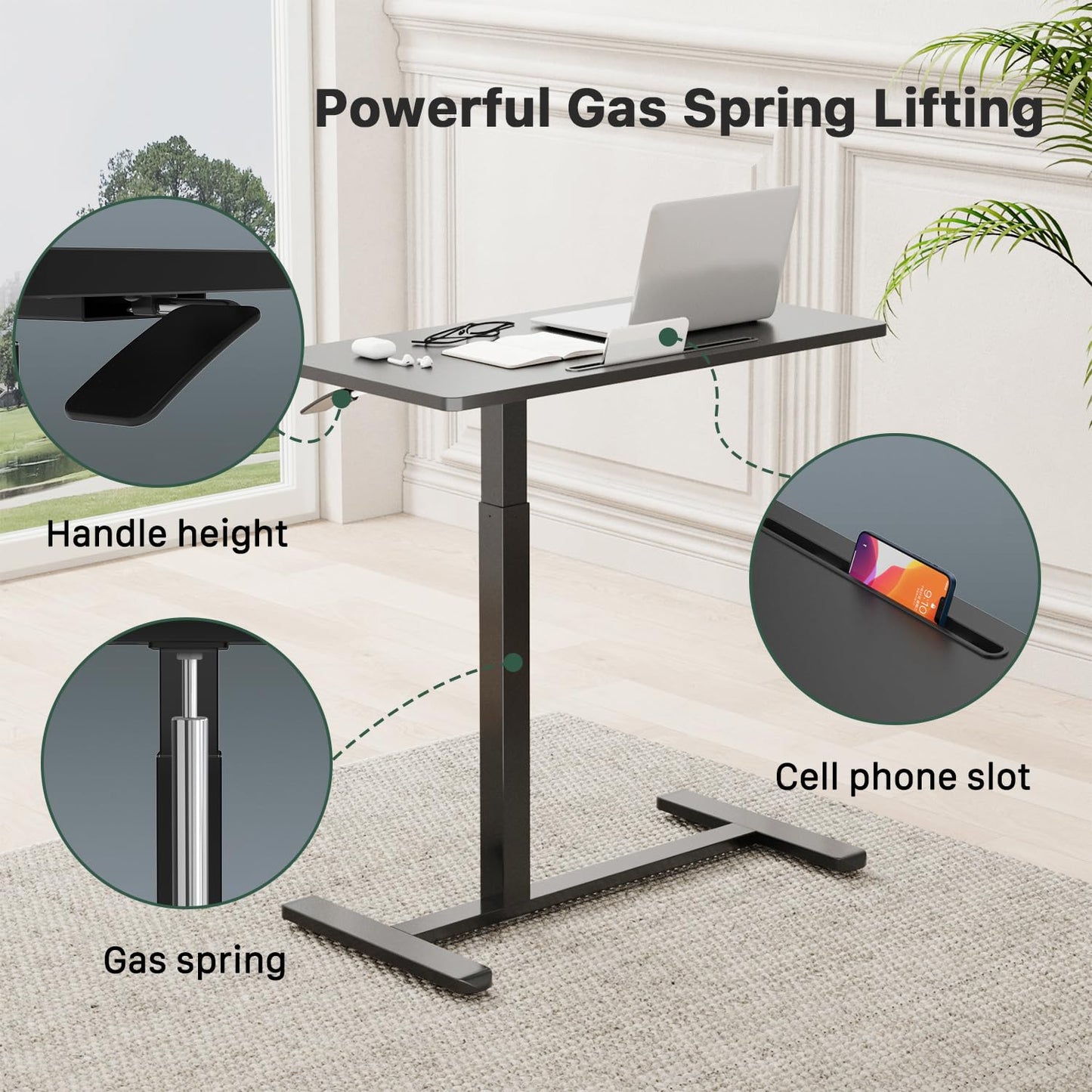Gibbon Mounts Mobile Standing Desk, Pneumatic Adjustable Rolling Desk(31.5 Inches), Portable Laptop Desk with Wheels, Overbed Bedside Table Laptop Table for Couch, Home, Office, Black