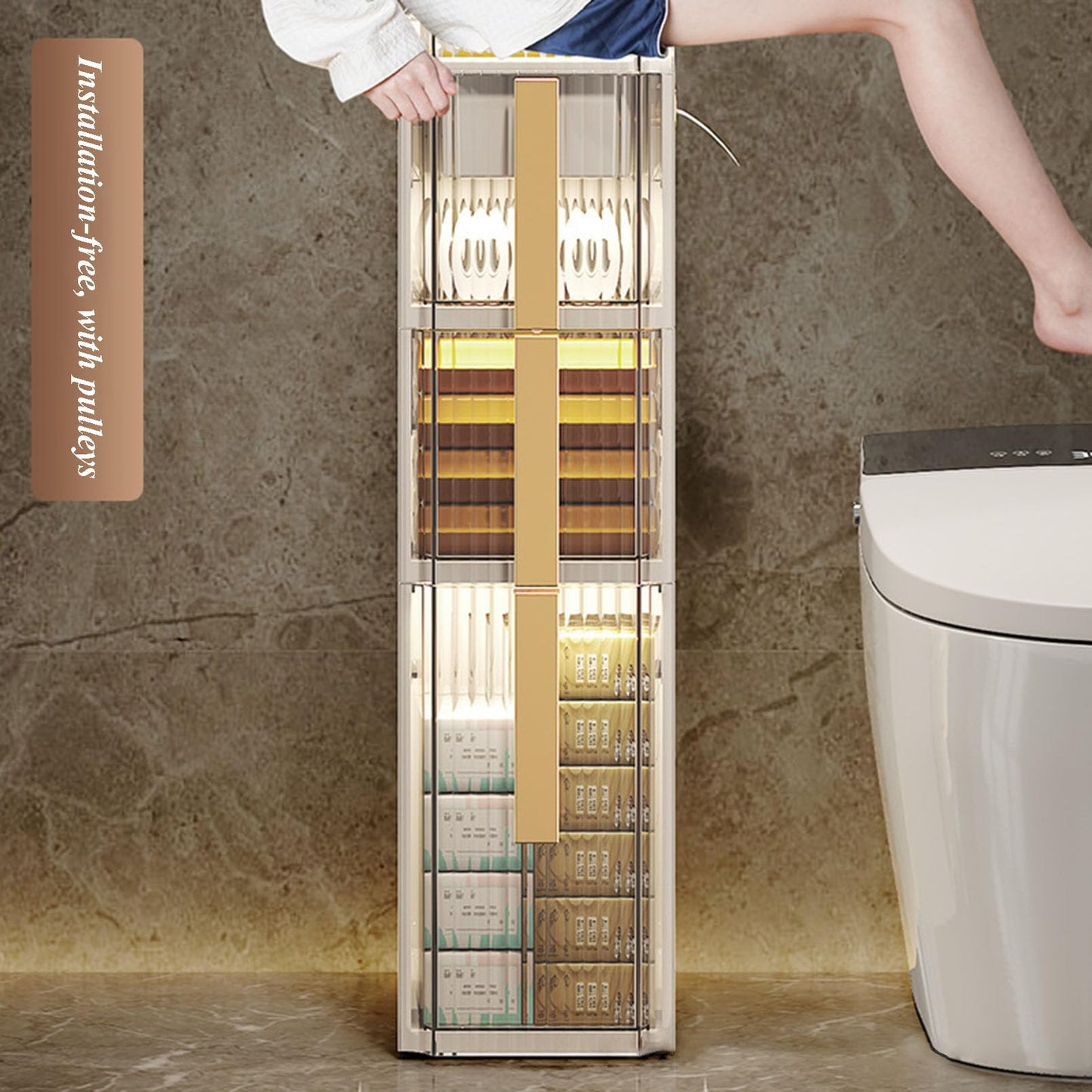 Small Bathroom Storage Cabinet Freestanding Side Cabinet Crevice Shelf Towel Organizer Holder with Clear Drawers and Casters for Bath Kitchen Accessories
