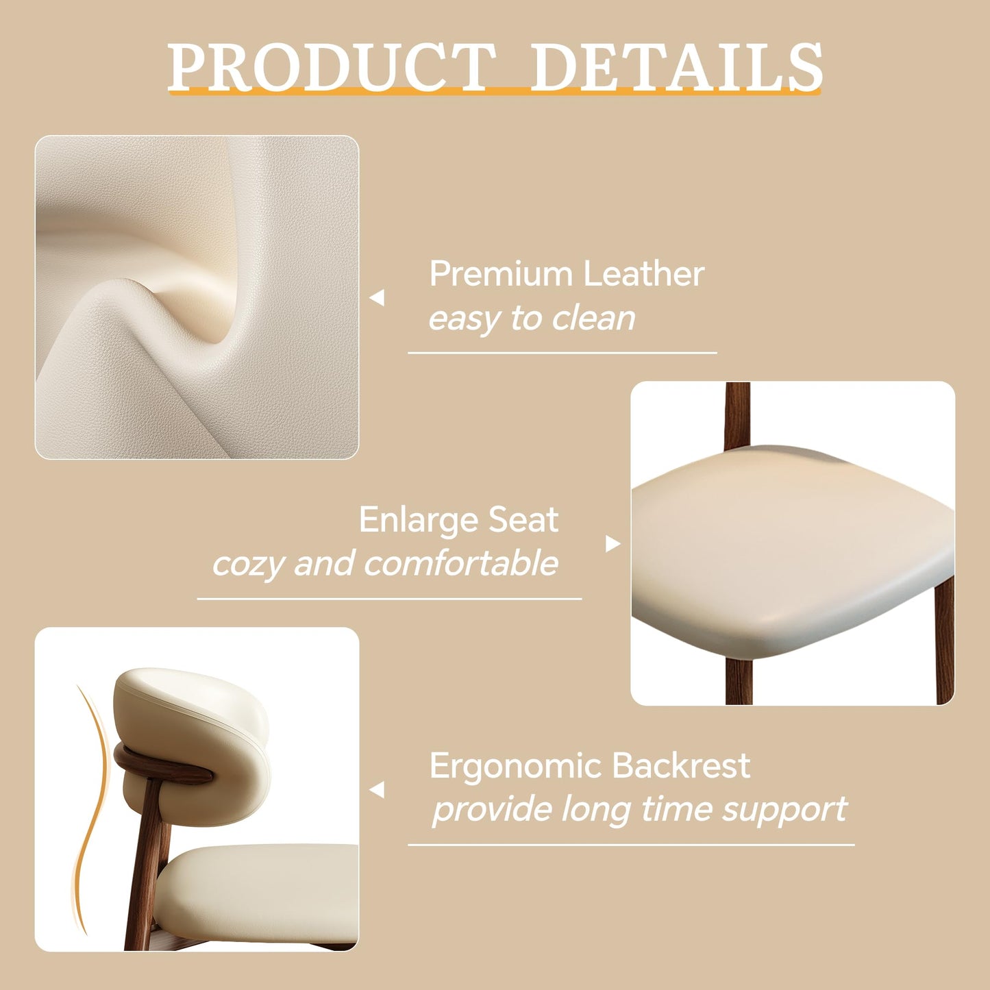 LUCKIIA Dining Chairs Set of 2 for Kitchen Dining Table Mid Century Modern Farmhouse Upholstered Leather Dining Room Chairs with Metal Legs, Walnut Beige
