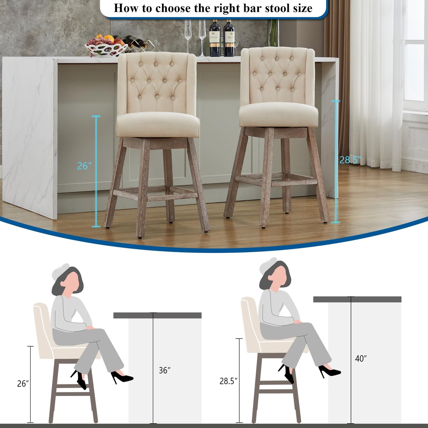UDAX 26" Swivel Bar Stools Set of 4, Counter Height Barstools with Back, Linen Fabric Upholstered Bar Stools, Modern Barstools Wood Legs for Kitchen Island Dining Room Bar