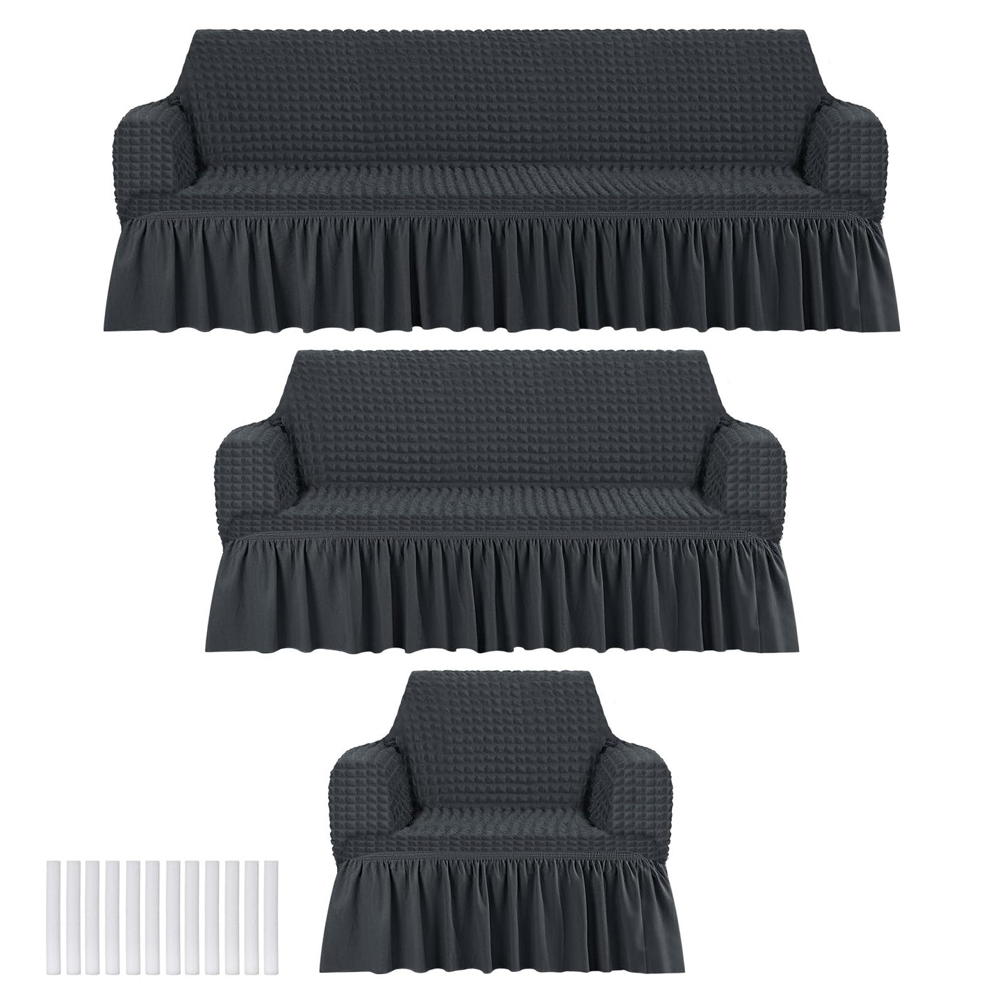 Fanfanwin 3 Pcs Sofa Slipcover Set for Couch Cushion Durable Washable High Elastic Stretchable Furniture Couch Covers with Skirt for Sofa Loveseat Arm Chair(Dark Gray,Seersucker)