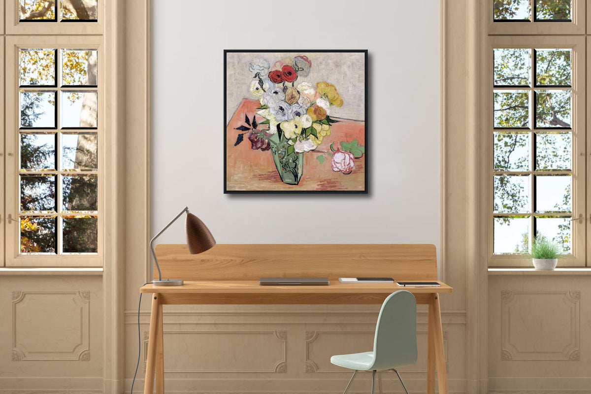 Wieco Art Framed Wall Art Japanese Vase with Roses and Anemones by Vincent Van Gogh Oil Paintings Reproduction Artwork Flowers on Canvas Wall Art for Home and office Decorations