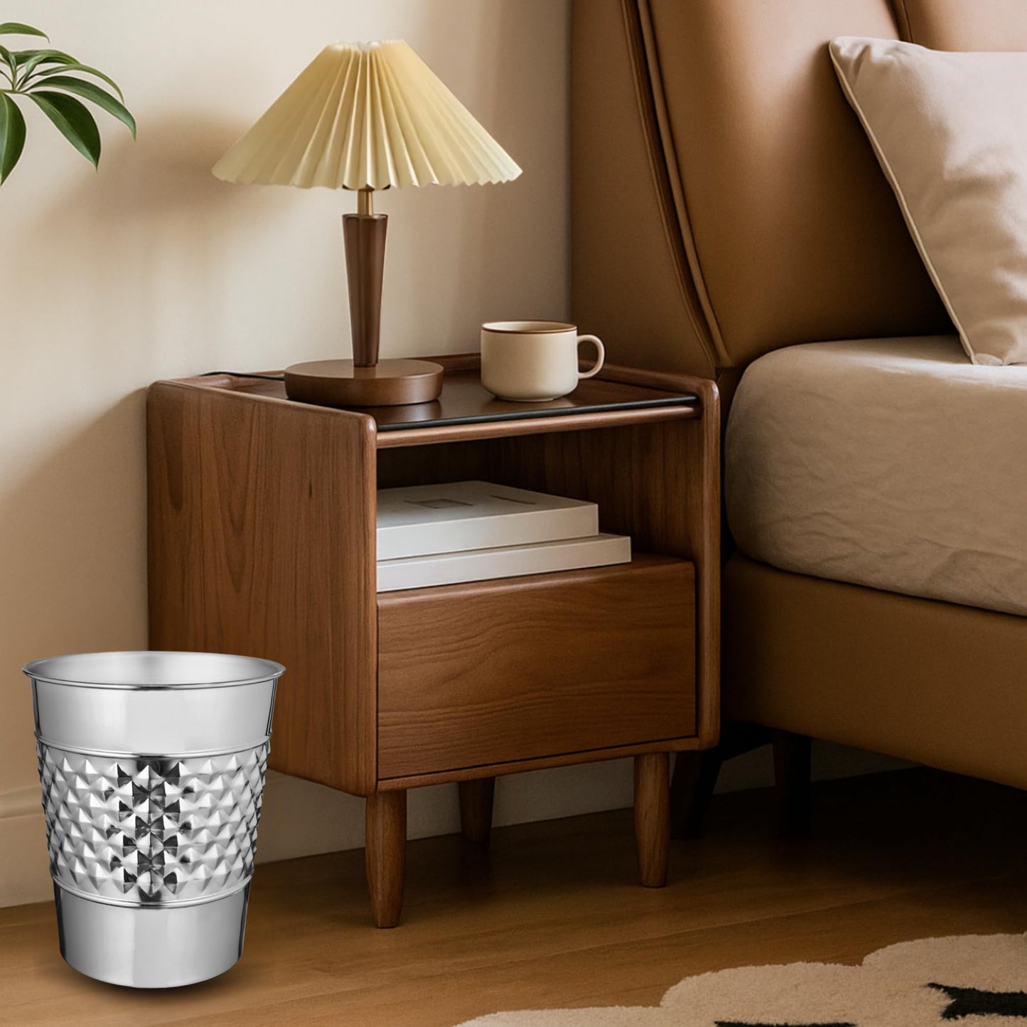 Monarch Abode Metal Bathroom Trash Can – Waste Basket for Bedroom, Office Desk, & Dorm, Handcrafted Geo Embossed, Durable Decorative Nickel Chrome Small Trash Can Bathroom Garbage Bin Wastebasket