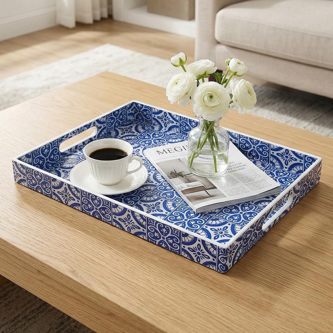 Umisriro 2 Pack Serving Tray with Handles, Rectangular Decorative Trays for Coffee Table, Modern Blue Plastic Ottoman Tray for Living Room, Bathroom, Kitchen, Decor, (Boho Blue)
