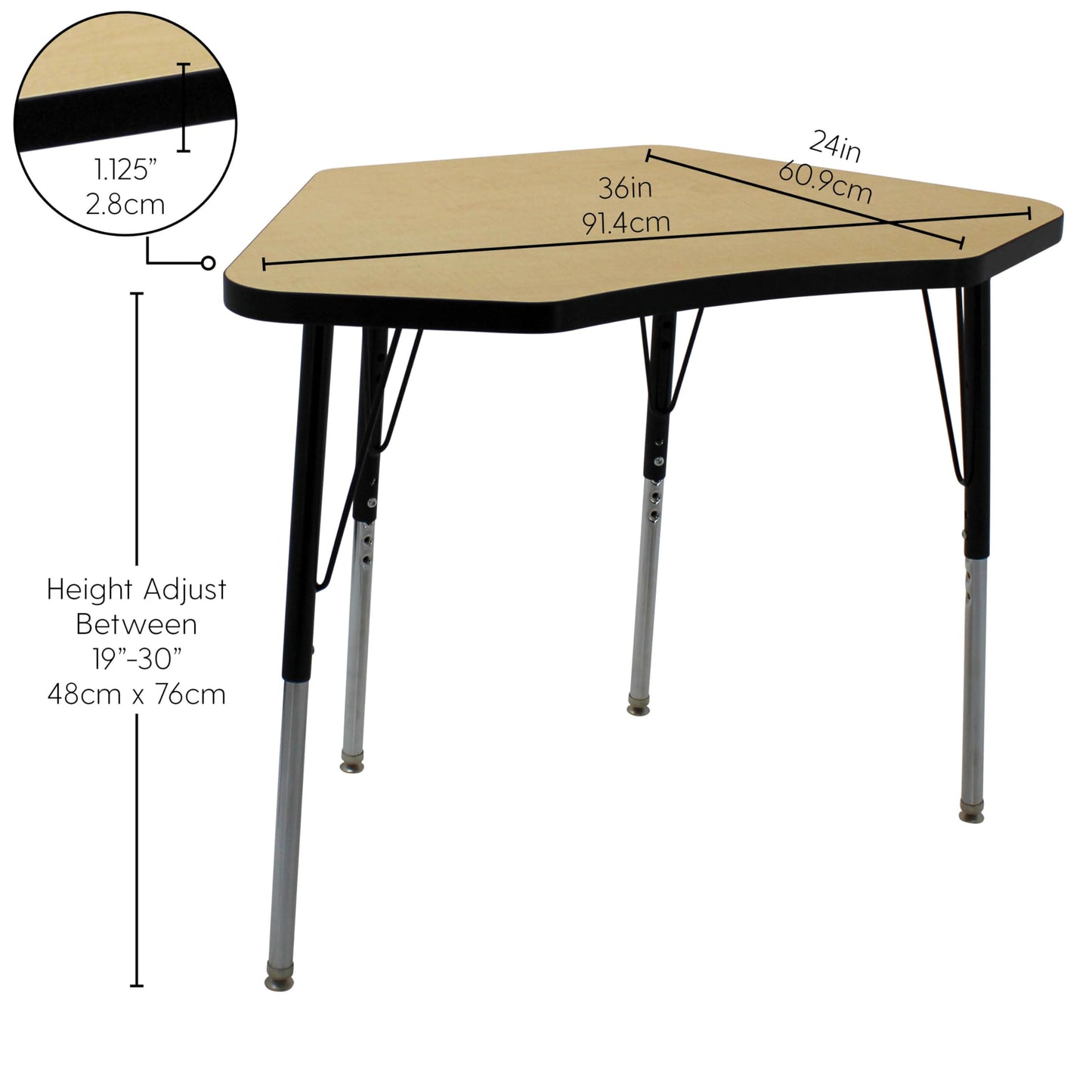 FDP Petal Activity School and Office Table (24 x 36 inch), Standard Legs with Swivel Glides, Adjustable Height 19-30 inches; Quick Ship Single Box - Maple Top and Black Edge