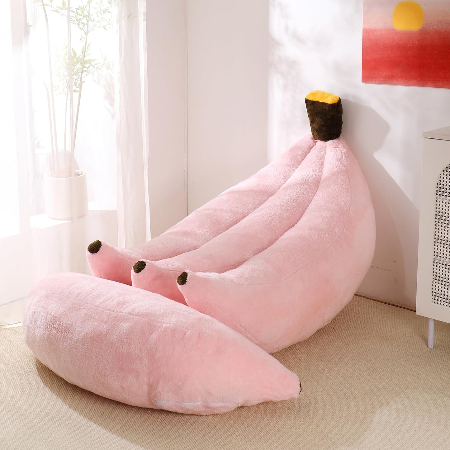 IEVENW Banana Bean Bag Chair with Ottoman, Floor Sofa Bed with Footrest, Comfy Convertible Lounger for Adults, Plush Couch for Bedroom, Living Room or Dorm, L-Pink