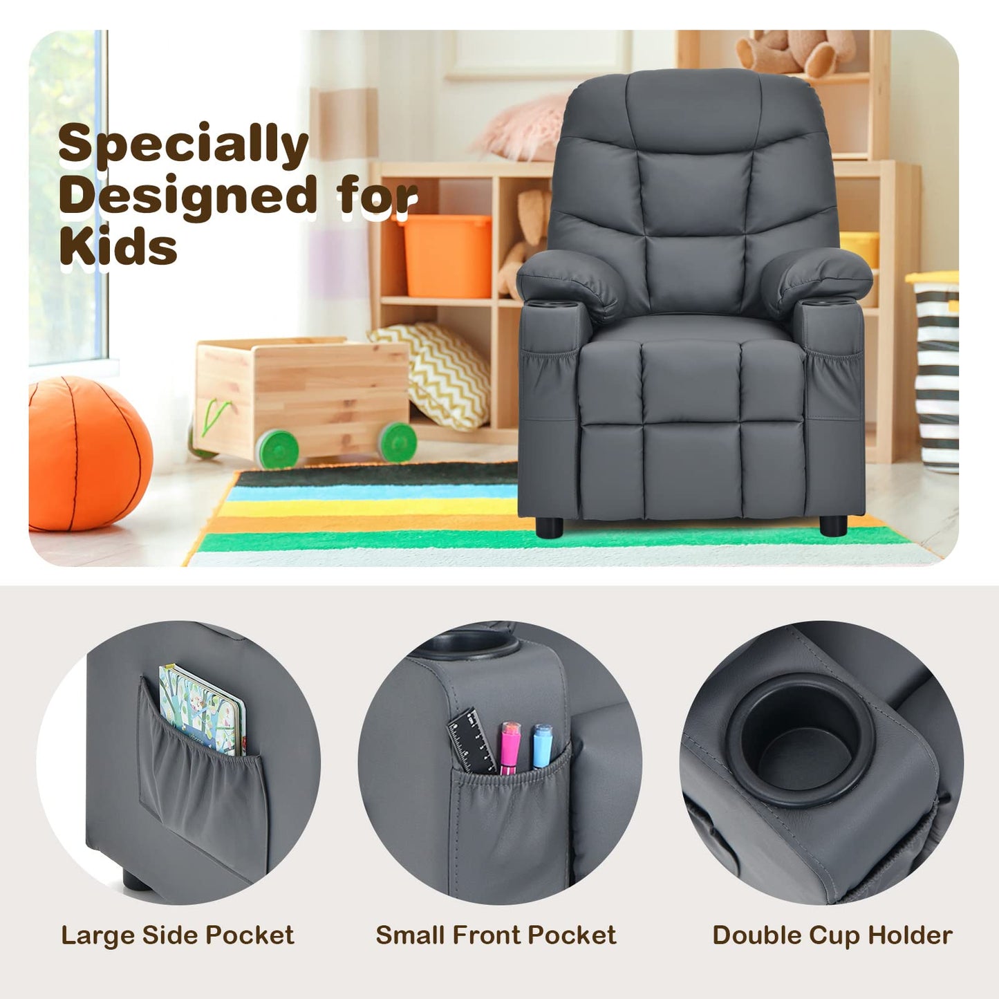 Costzon Kids Recliner Chair with Cup Holder, Adjustable Lounge Chair w/Footrest & Side Pockets for Children Boys Girls Room, Ergonomic Toddler Furniture Sofa, Kids Recliner (Grey)