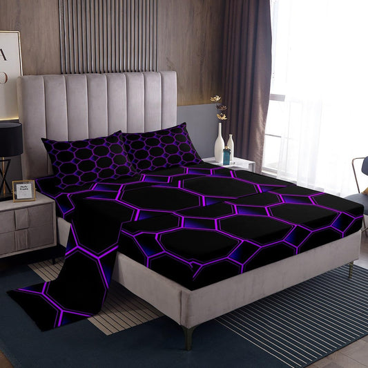 Honeycomb Bed Sheets Set Queen Size Geometric Hexagonal Beehive Sheet Set for Boys,3D Stereoscopic Purple Hexagon Sheets,Neon Simplistic Geometrical Black Room Decor