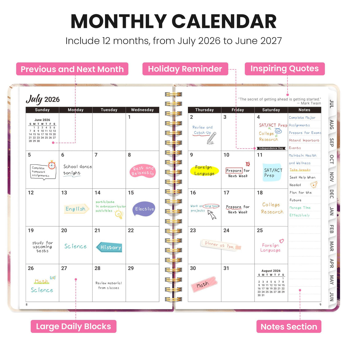 Academic Planner 2026-2027, Monthly and Weekly Calendar Planner, July 2026 - June 2027, Pretty Hardcover Teacher Student Planning Agenda Book with Tabs, Fit for School Office Supplies, 6.3" x 8.5", Velvet Stroke