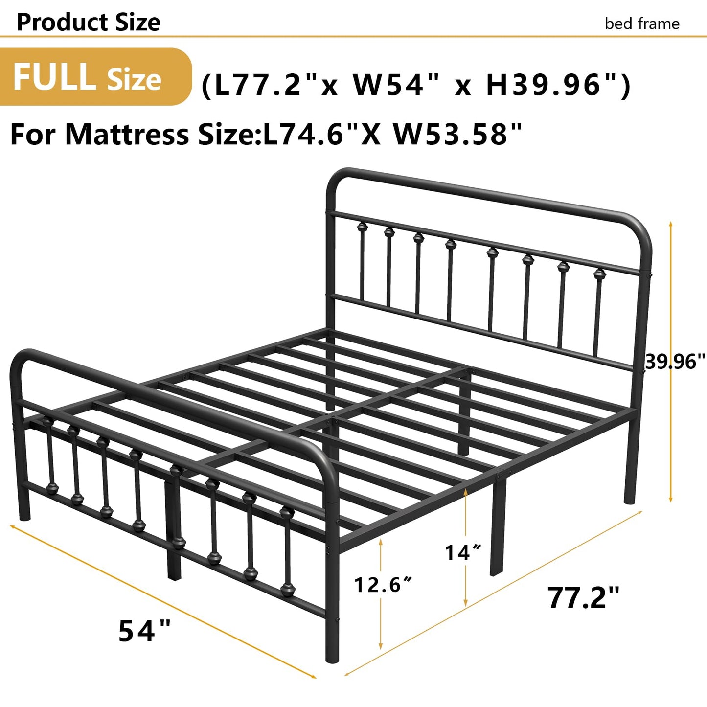Vengarus Metal Bed Frame,Full Size Bed Frame with Headboard,Structurally Stable, Heavy Duty Steel Slat Supported,Under Bed Storage,No Box Spring Needed,14 Inch,Black