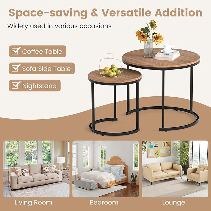 Giantex Nesting Coffee Table Set of 2, Round Stacking Side Tables w/Wooden