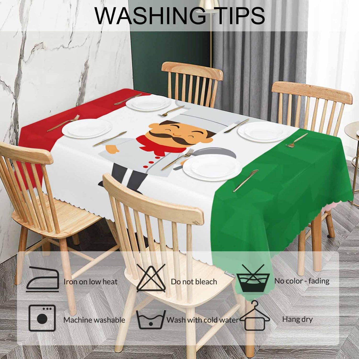Beabes Chef Rectangle Tablecloth 52x70 Inch Cartoon Chef Italian Flag Dining Table Cloth Table Cover for Home Kitchen Restaurant Party Buffet Picnic, 4-6 Seats