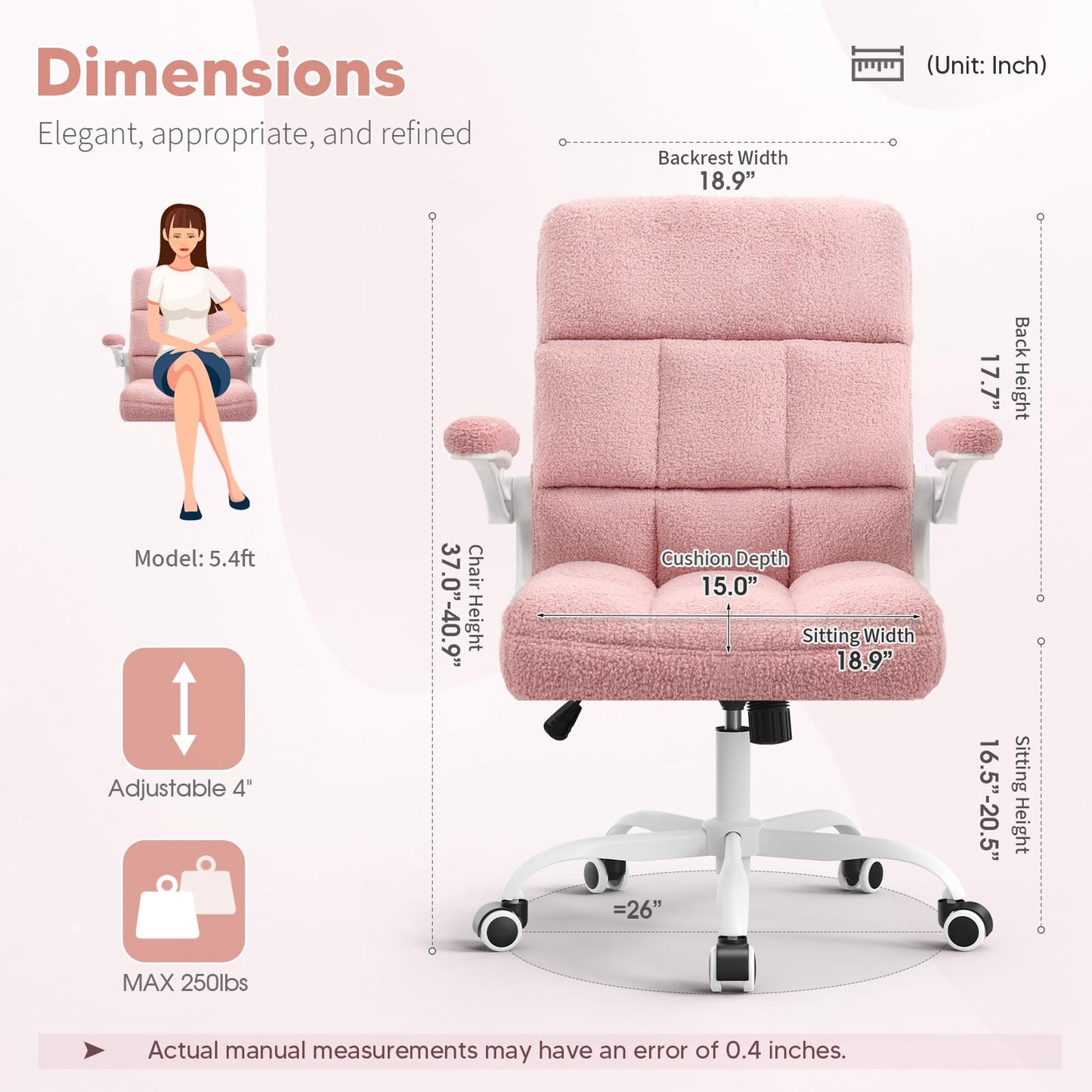 RunRunFlower Office Chair with Wheels, Ergonomic Computer Desk Chair with Flip-up Armrest, Adjustable Rolling Swivel Chair Teddy Fleece – Dusty Pink